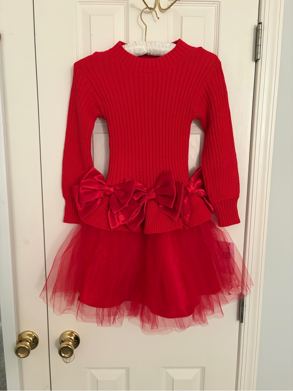 Bonnie Jean Red Ribbed Knit Dress with Satin Bows and Tulle Skirt
